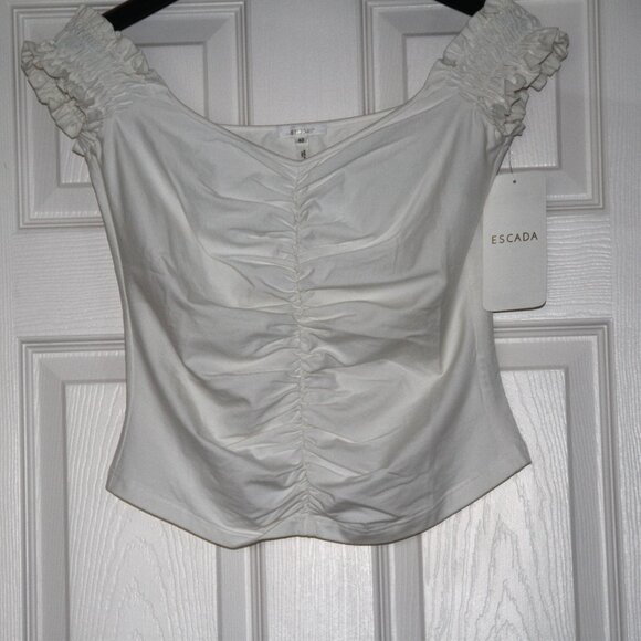 ESCADA White Stretch Cotton Blend Ruched Top On/Off Shoulder Italy Size EU 40 - Picture 1 of 10